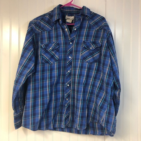 Wrangler Vintage Pearl Snap Flannel Long Sleeve Button Down XL Blue Plaid - Picture 1 of 5